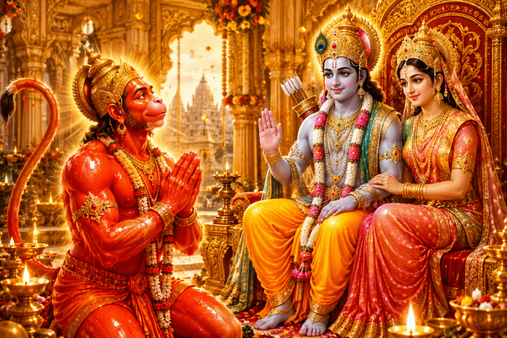 Hanuman Ji covered in sindoor standing before Lord Rama and Sita Mata in Ayodhya