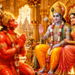 Hanuman Ji covered in sindoor standing before Lord Rama and Sita Mata in Ayodhya