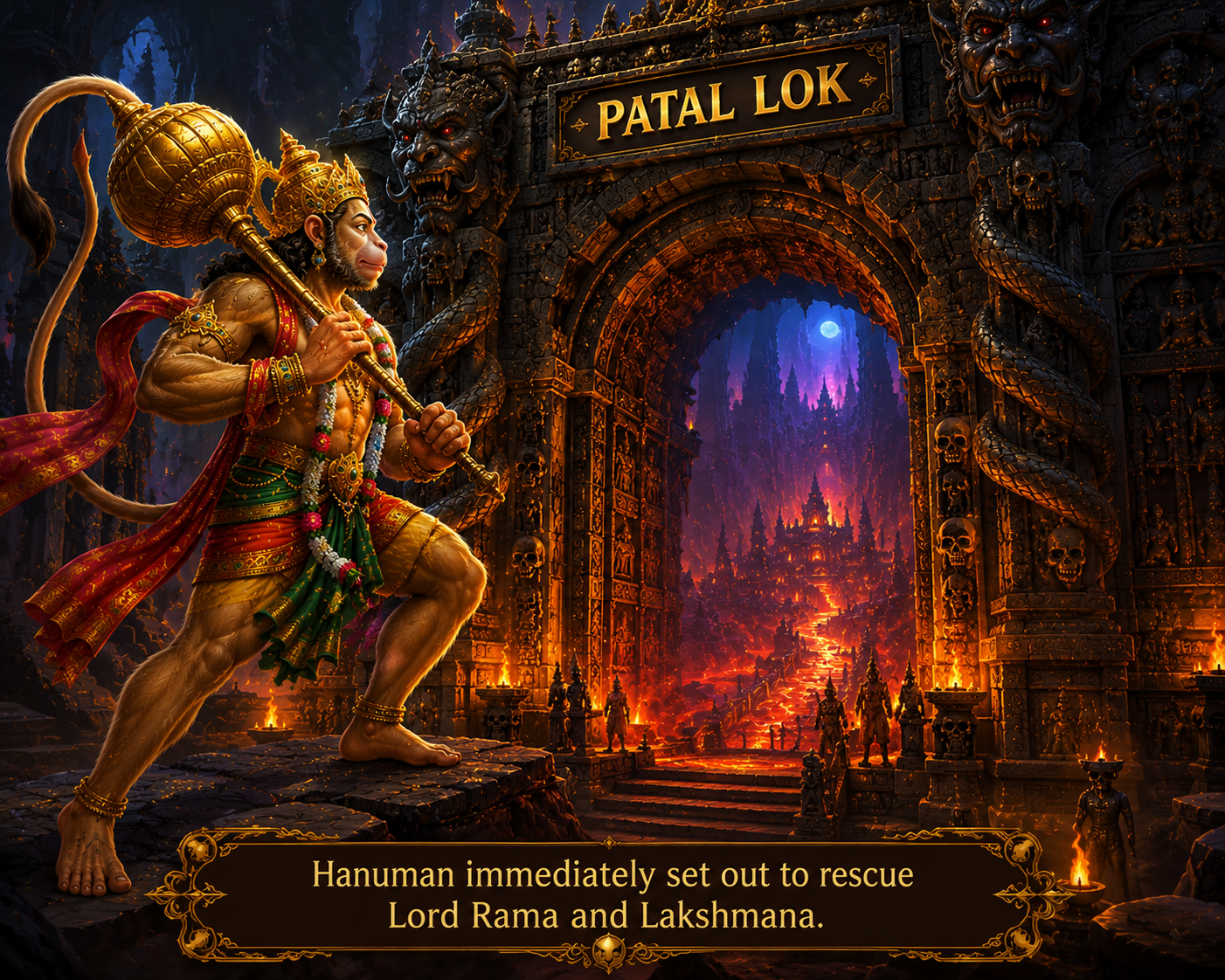 Hanuman searching for Rama and Lakshmana in Patal Lok