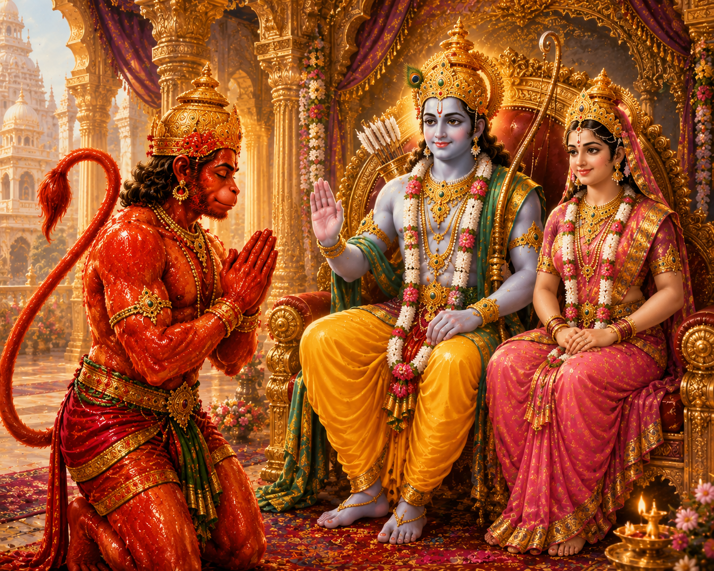 Lord Rama blessing Hanuman Ji after seeing him covered in sindoor