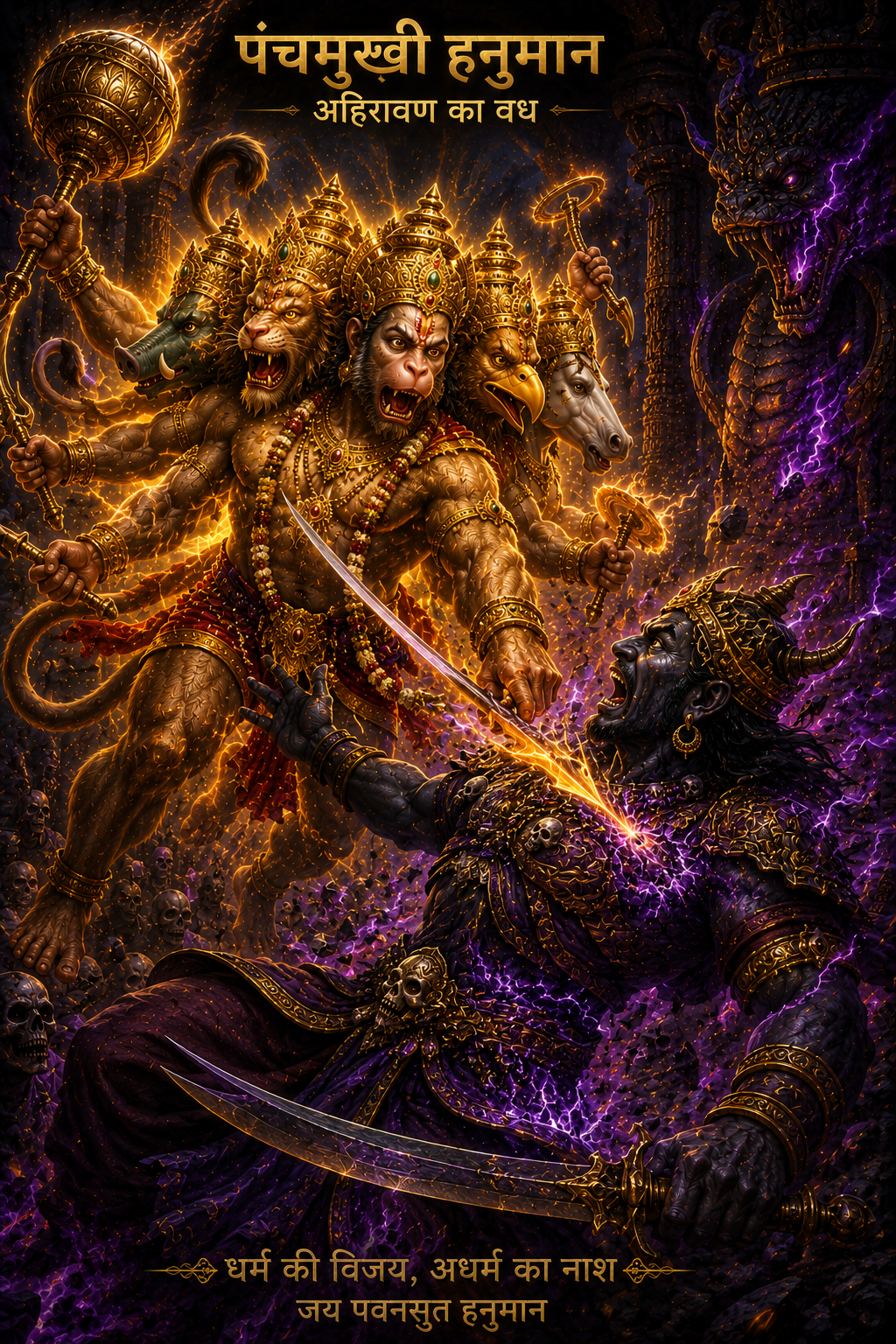 Panchmukhi Hanuman defeating Ahiravana in a fierce battle