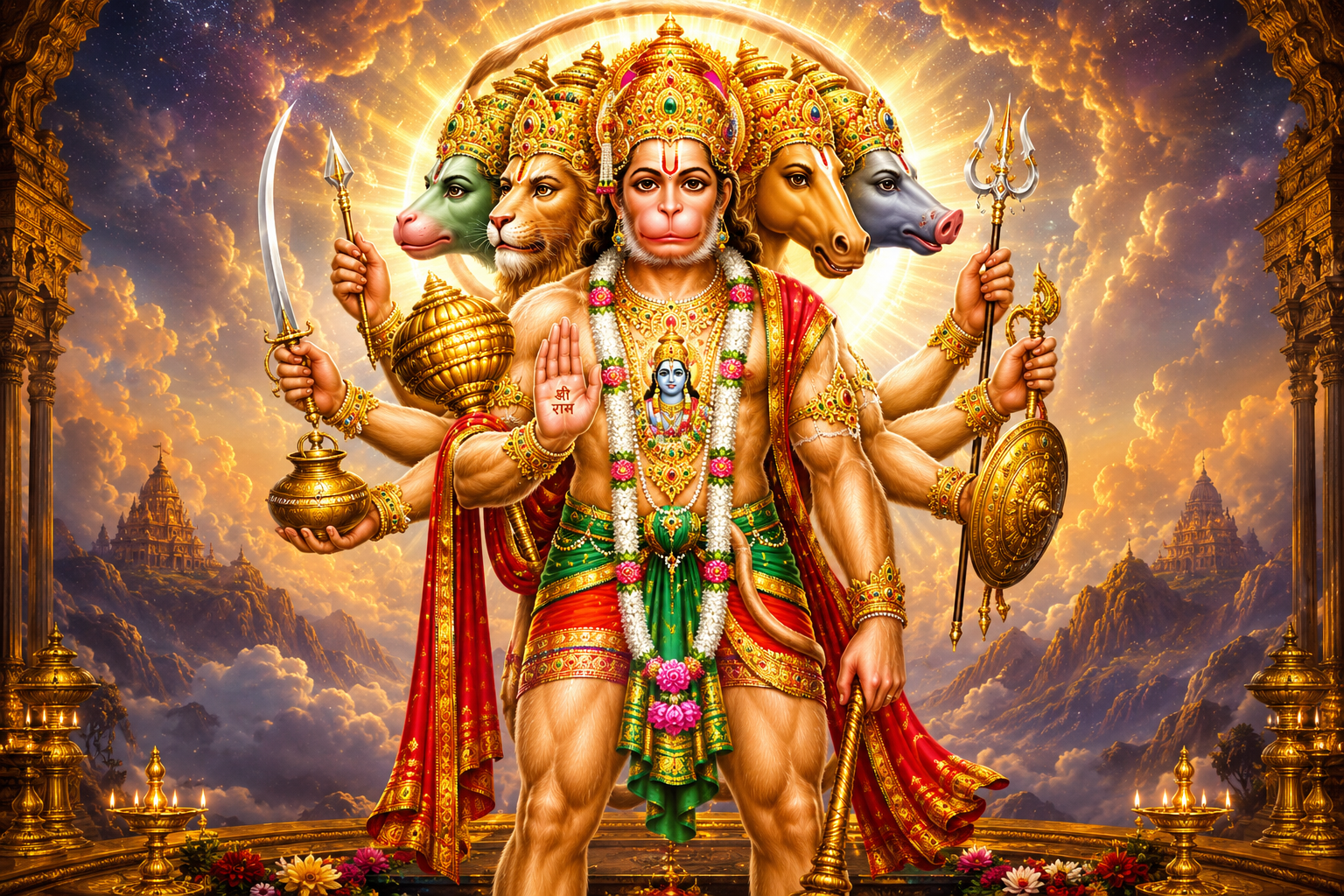 Divine Panchmukhi Hanuman with five faces and celestial aura
