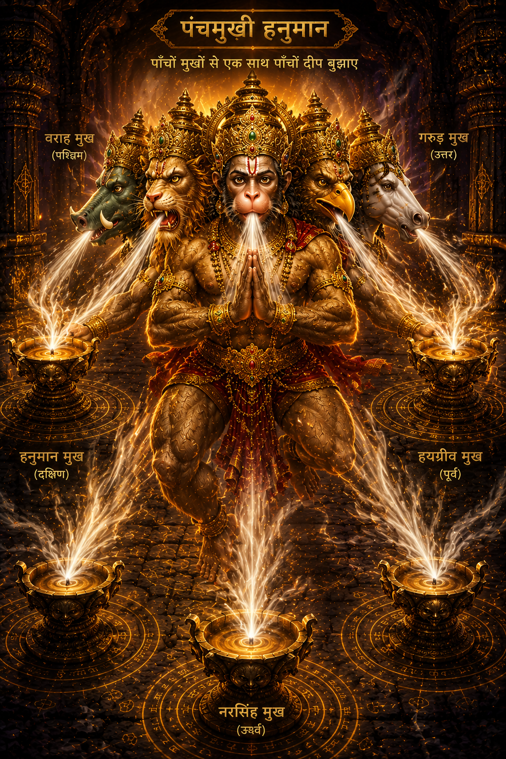 Panchmukhi Hanuman extinguishing five sacred lamps simultaneously