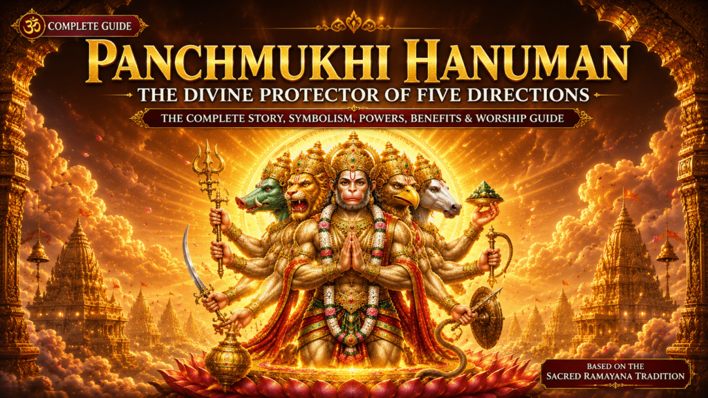 Majestic Panchmukhi Hanuman with five divine faces, celestial golden aura, sacred weapons, and heavenly background symbolizing protection, courage, wisdom, and divine blessings.