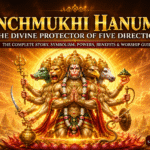Majestic Panchmukhi Hanuman with five divine faces, celestial golden aura, sacred weapons, and heavenly background symbolizing protection, courage, wisdom, and divine blessings.