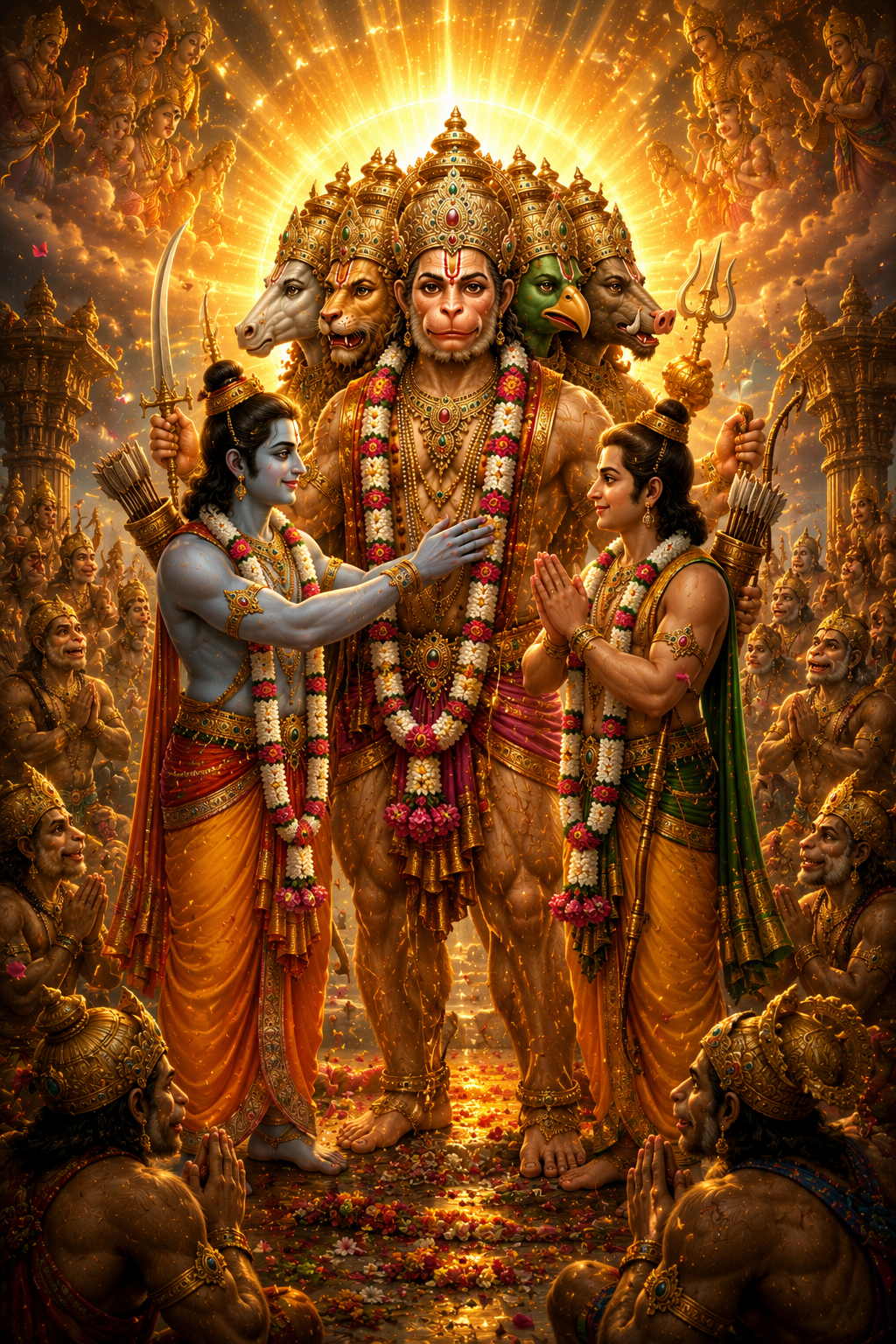 Panchmukhi Hanuman standing beside Lord Rama and Lakshmana after rescuing them from Patal Lok, surrounded by radiant golden divine light and celestial blessings.
