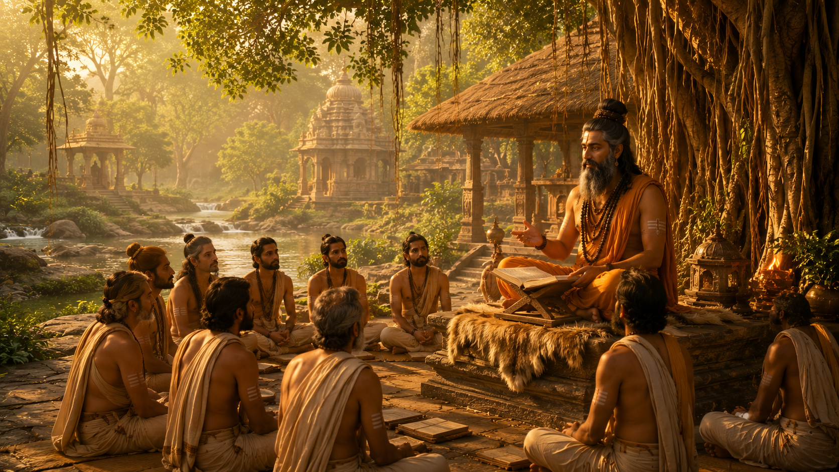 Ancient sage Gokarna teaching spiritual wisdom to devotees in a peaceful hermitage.