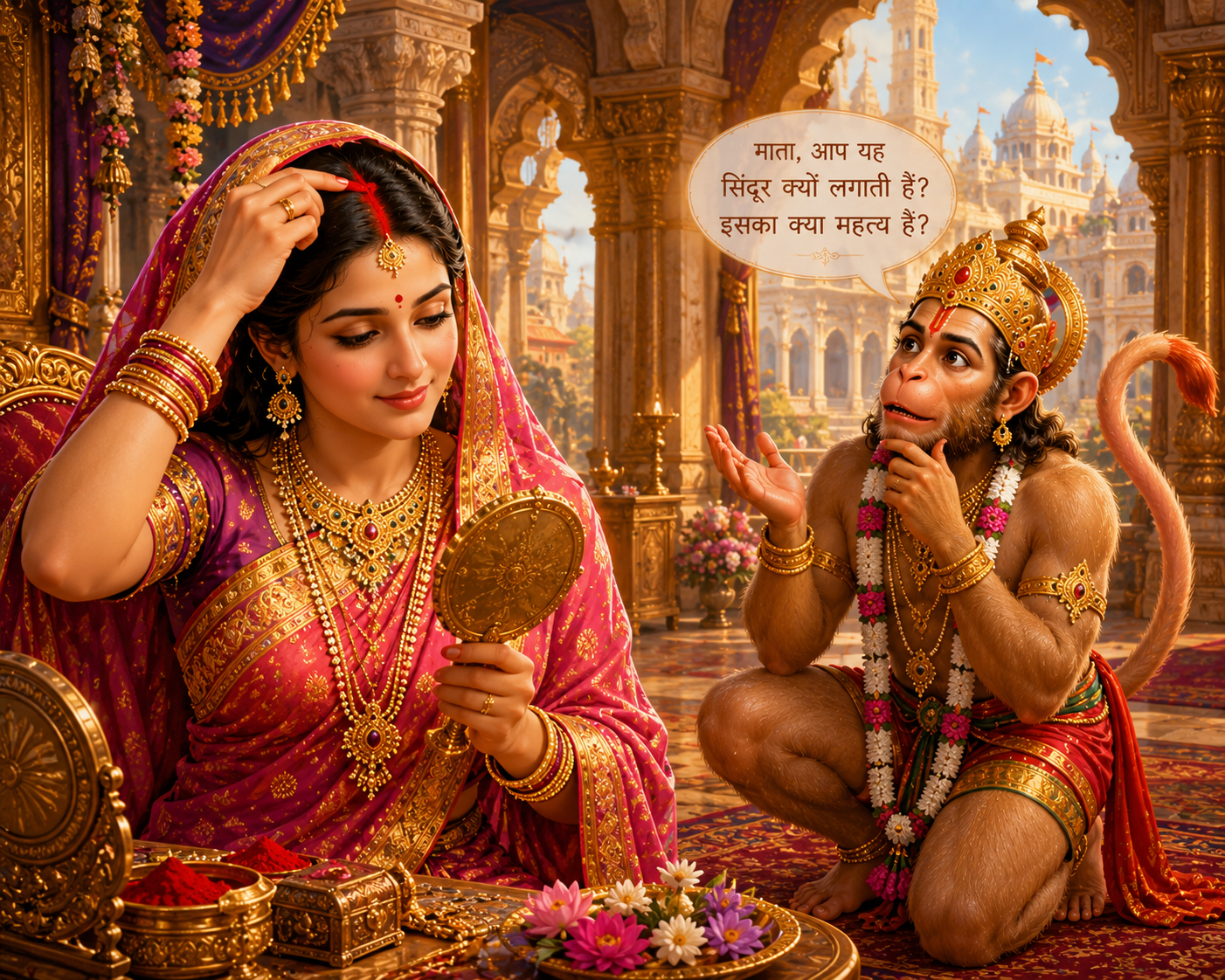 Sita applying sindoor and Hanuman Ji asking its significance