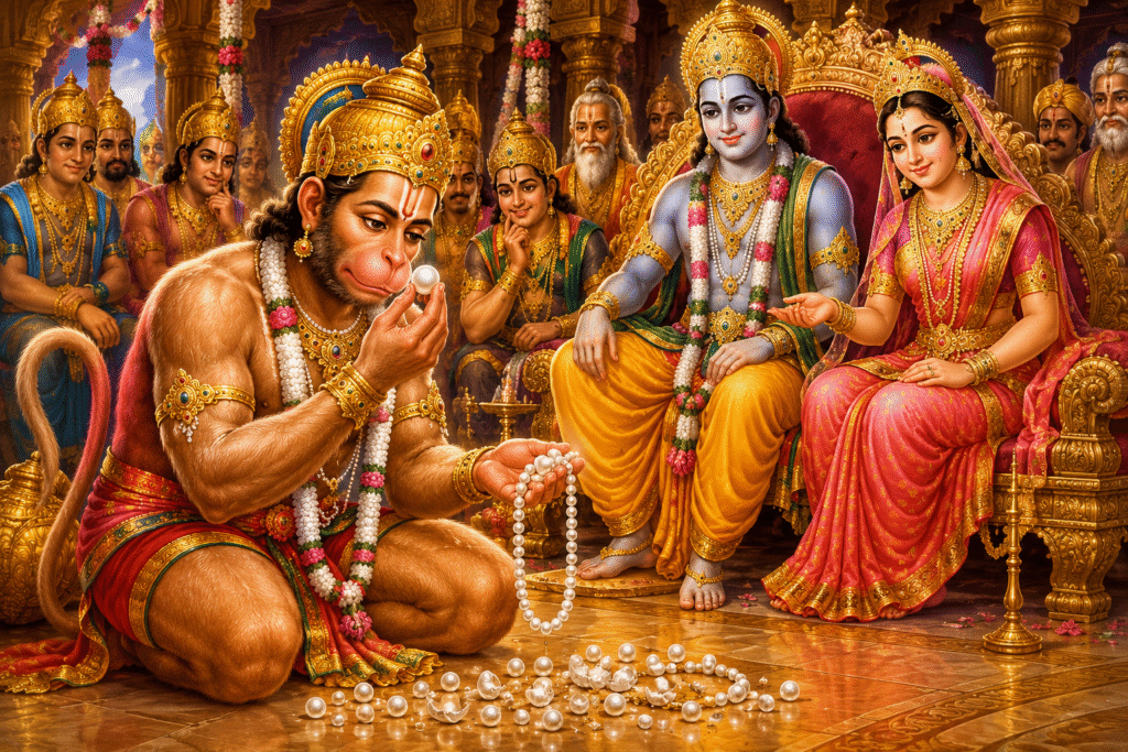 Hanuman examining Sita's pearl necklace in Ram Darbar while searching for Lord Rama and Mother Sita