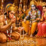 Hanuman examining Sita's pearl necklace in Ram Darbar while searching for Lord Rama and Mother Sita