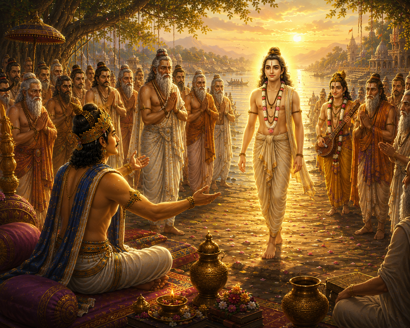 Arrival of Shri Shukadeva at the Bhagavatam assembly