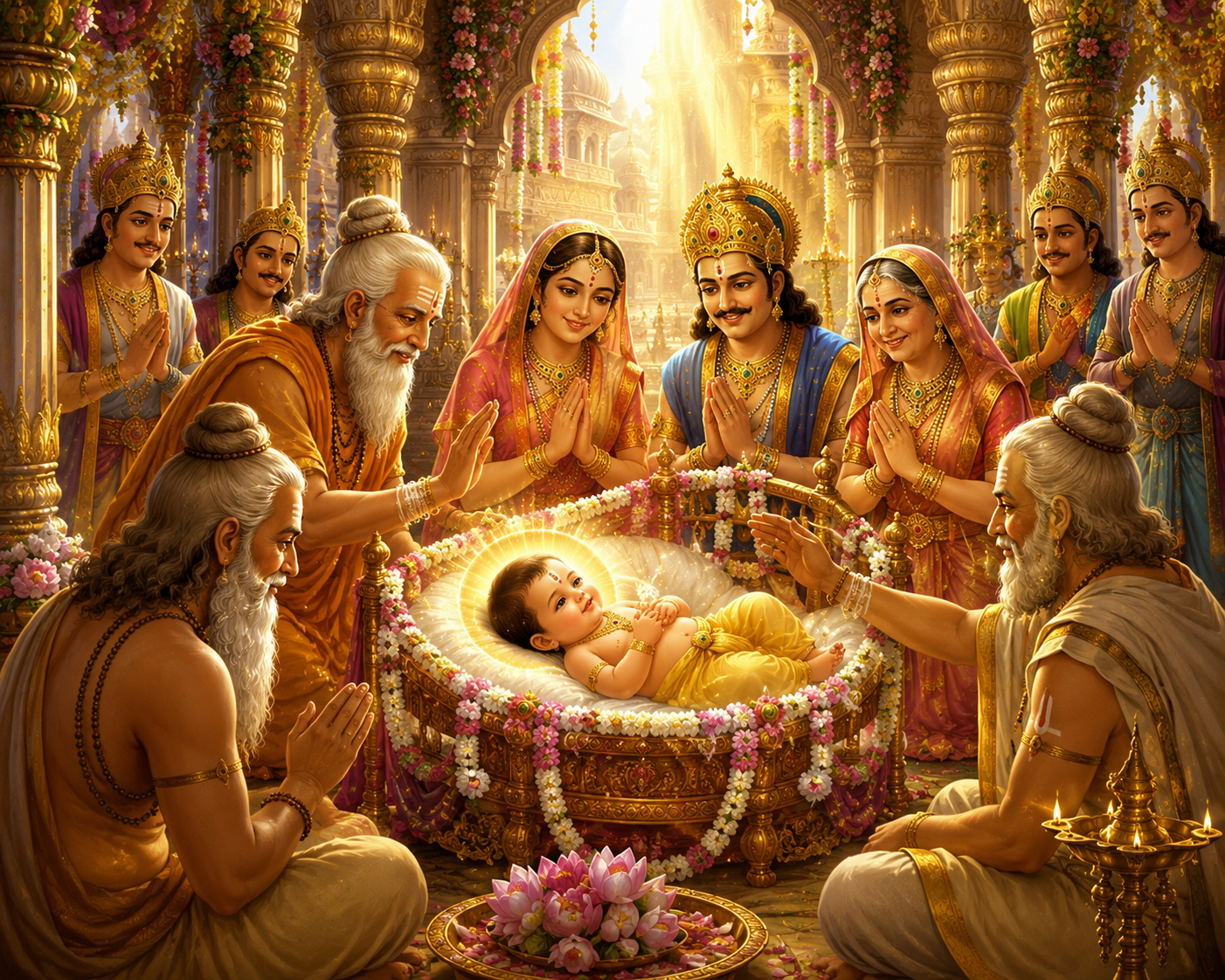 Baby Raja Parikshit receiving blessings from sages in Hastinapur