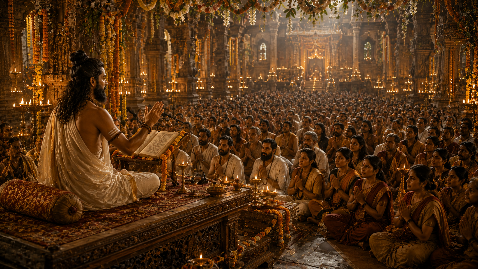 Sage Gokarna beginning the seven-day recitation of the Shrimad Bhagavata Purana before a large gathering of devotees.