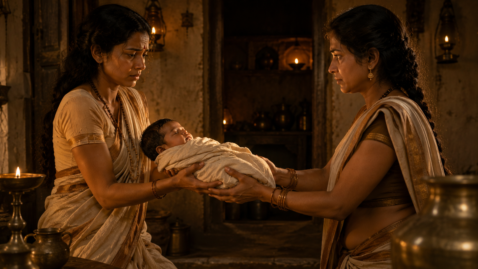 The infant Dhundhakari being secretly accepted into Atmadeva's family.