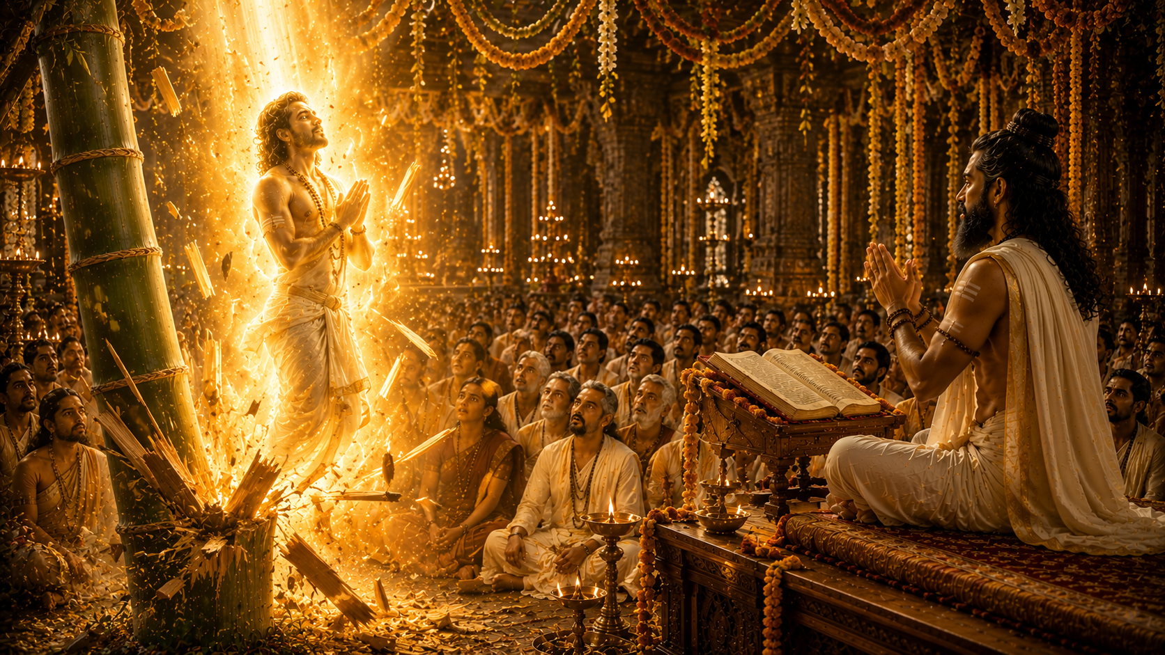 Dhundhakari emerging in a radiant divine form after attaining liberation through the Bhagavata Purana.