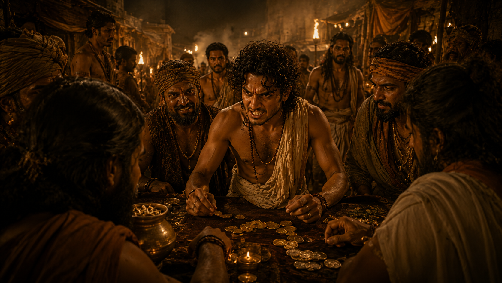 Dhundhakari falling into bad company, gambling, theft, and a sinful life as his family watches in sorrow.