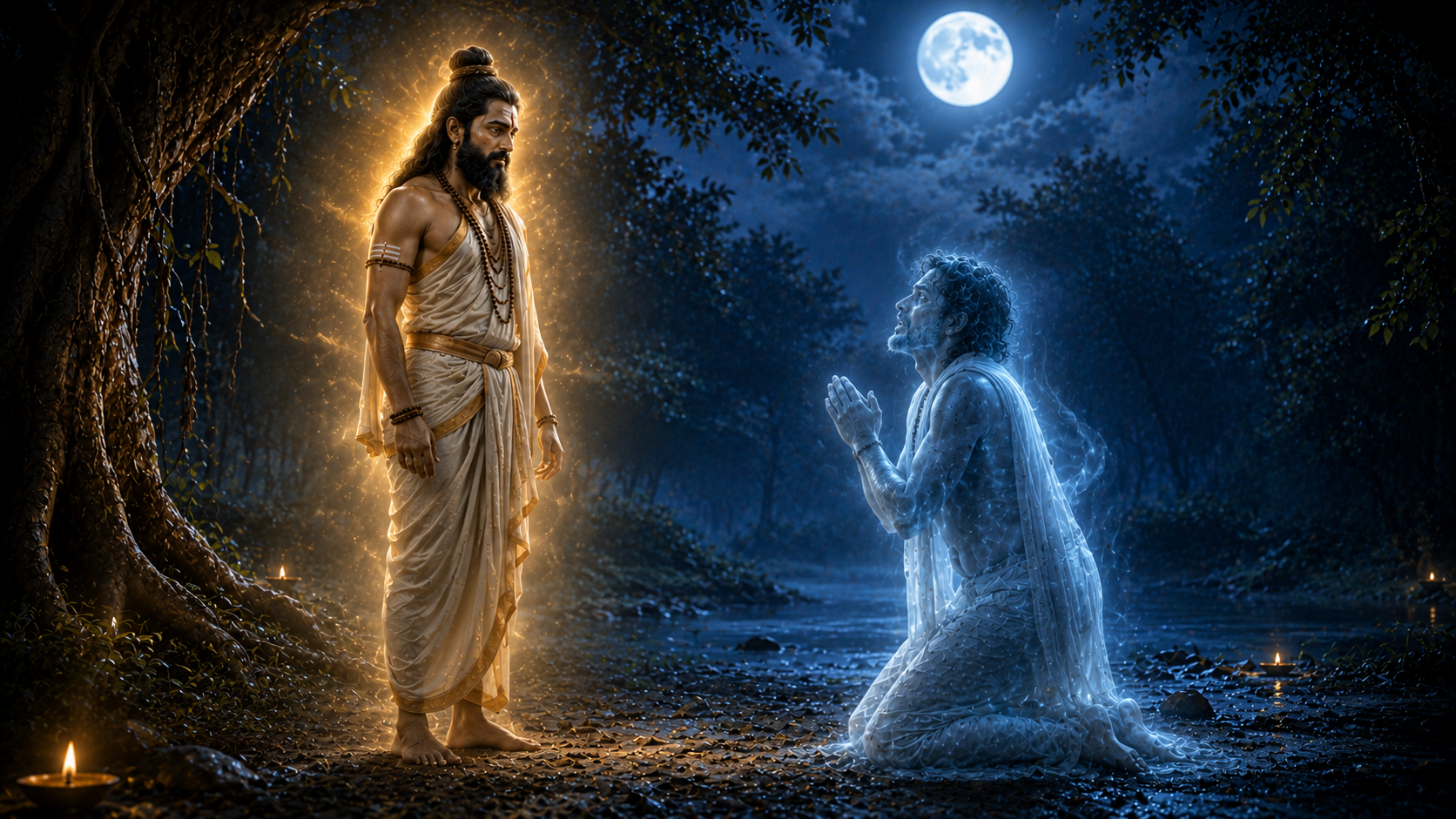 The restless spirit of Dhundhakari pleading before Sage Gokarna under the moonlit sky.