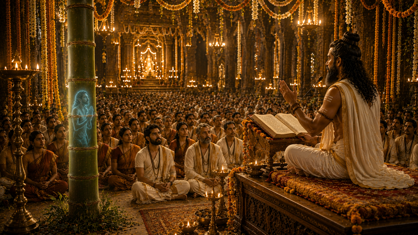 The invisible spirit of Dhundhakari listening to the Bhagavata Purana from inside a hollow bamboo with seven knots.