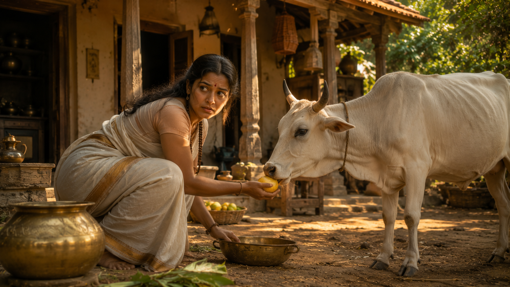 Dhundhuli secretly planning not to eat the divine fruit and feeding it to a cow.