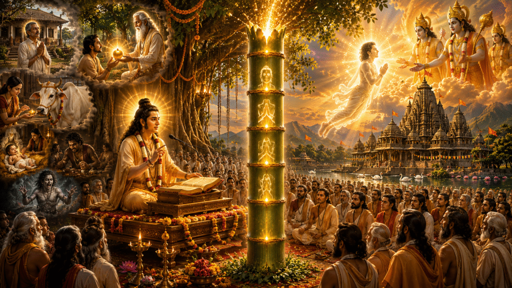 Sage Gokarna reciting the Shrimad Bhagavata Purana while Dhundhakari listens from inside a bamboo with seven knots, leading to liberation, as devotees gather in a sacred ancient temple.