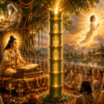 Sage Gokarna reciting the Shrimad Bhagavata Purana while Dhundhakari listens from inside a bamboo with seven knots, leading to liberation, as devotees gather in a sacred ancient temple.
