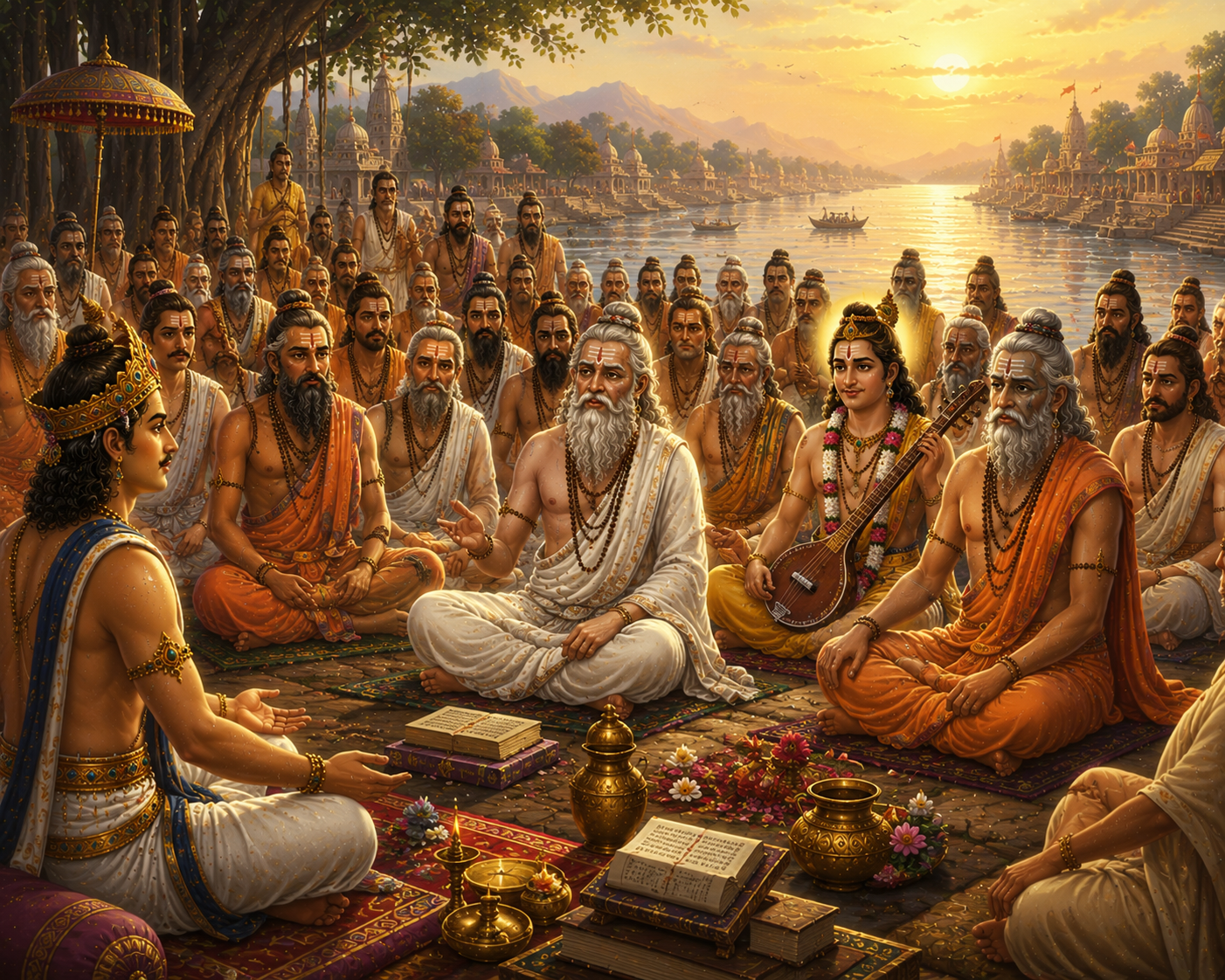 Great sages gathering around Raja Parikshit at River Ganga