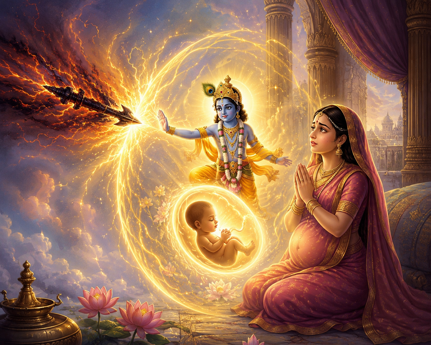 Lord Krishna protecting unborn Raja Parikshit inside Uttara's womb