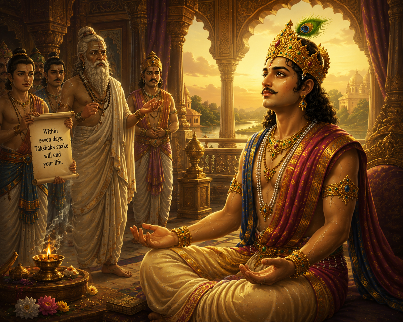 Raja Parikshit peacefully accepting the seven-day curse