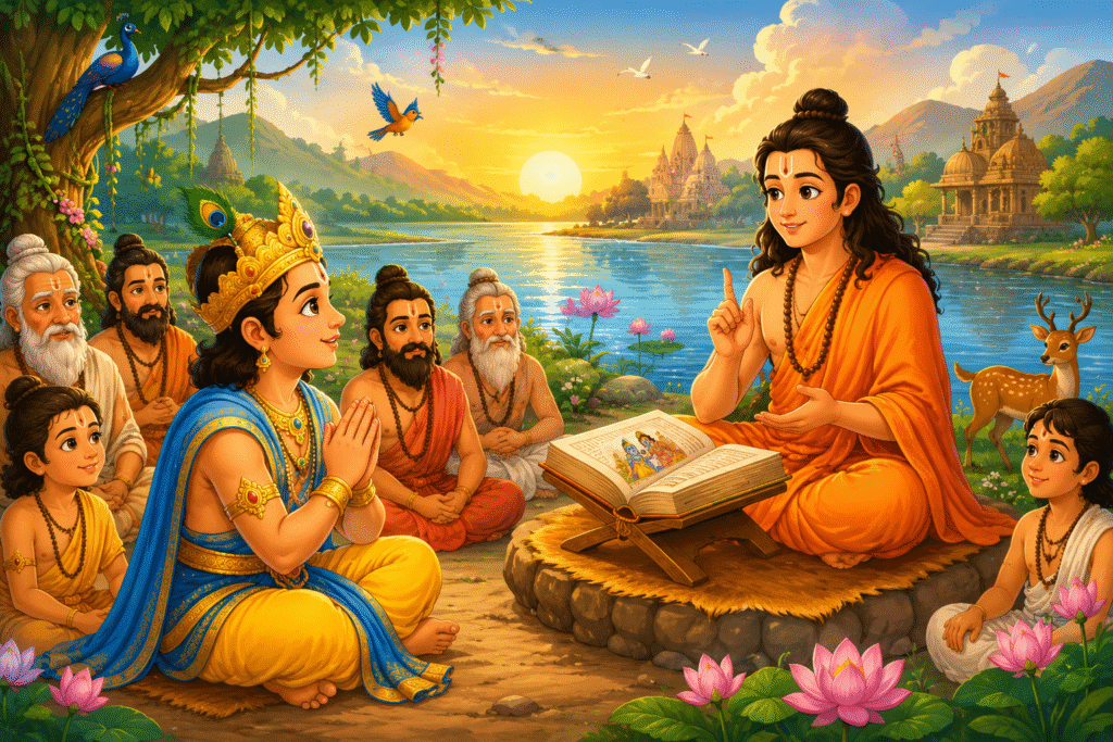 Child-friendly illustration of Raja Parikshit listening to Shri Shukadeva narrating the Shrimad Bhagavatam on the banks of the River Ganga.