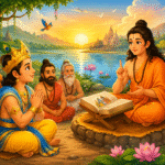 Child-friendly illustration of Raja Parikshit listening to Shri Shukadeva narrating the Shrimad Bhagavatam on the banks of the River Ganga.