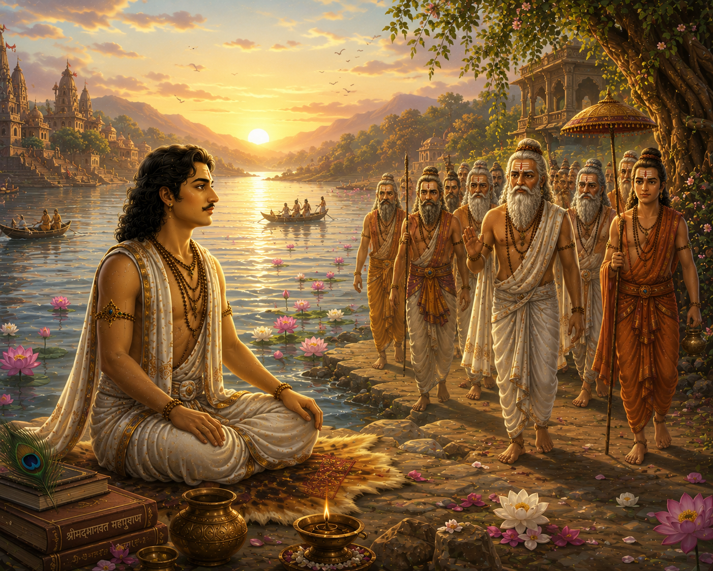 Raja Parikshit meditating on the banks of River Ganga