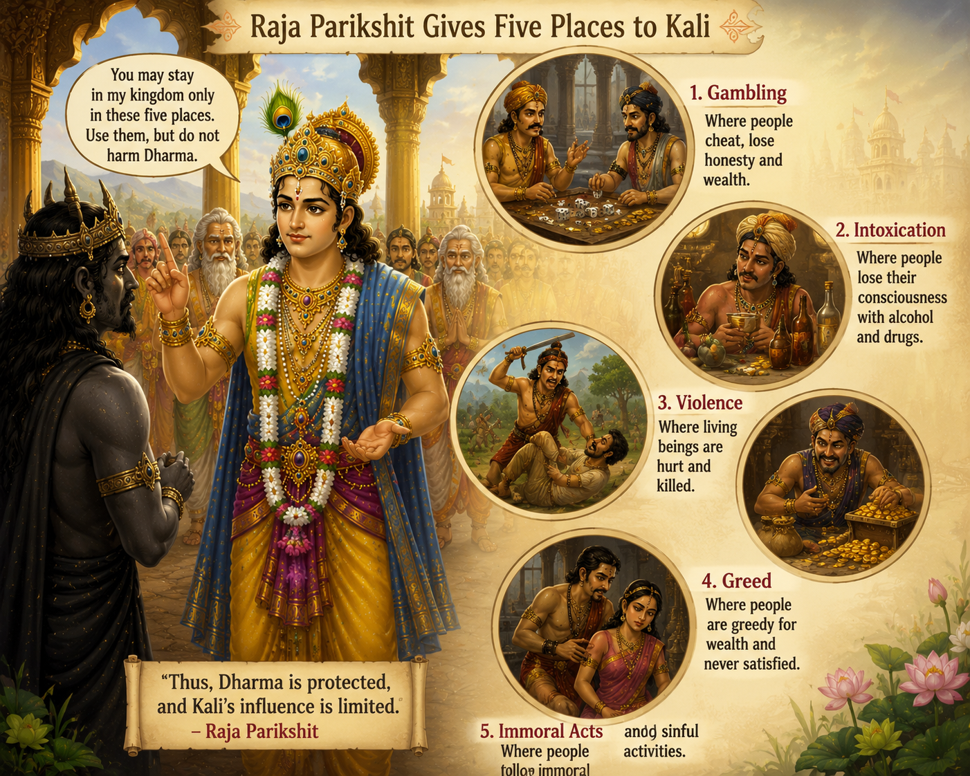 Raja Parikshit giving five places to Kali