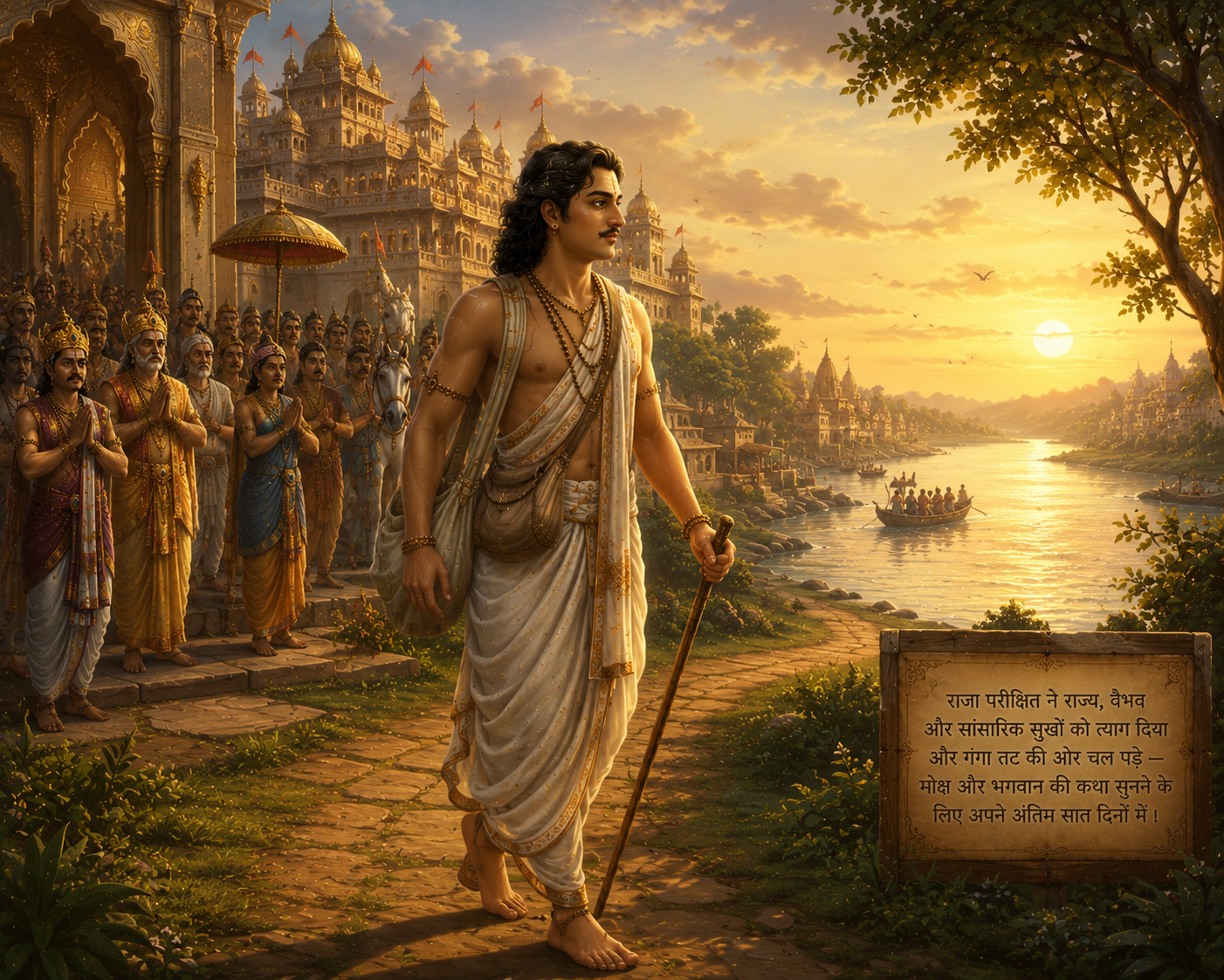 Raja Parikshit leaving his kingdom and walking toward the holy River Ganga