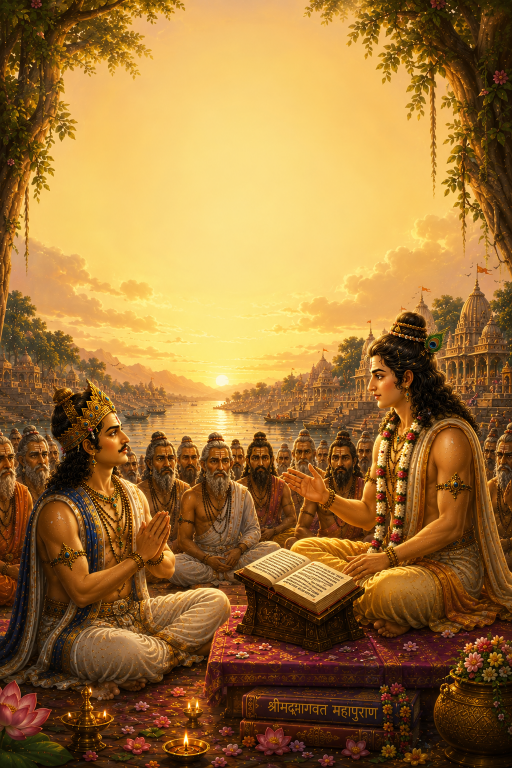 Raja Parikshit listening to Shri Shukadeva on the banks of River Ganga with sages gathered around