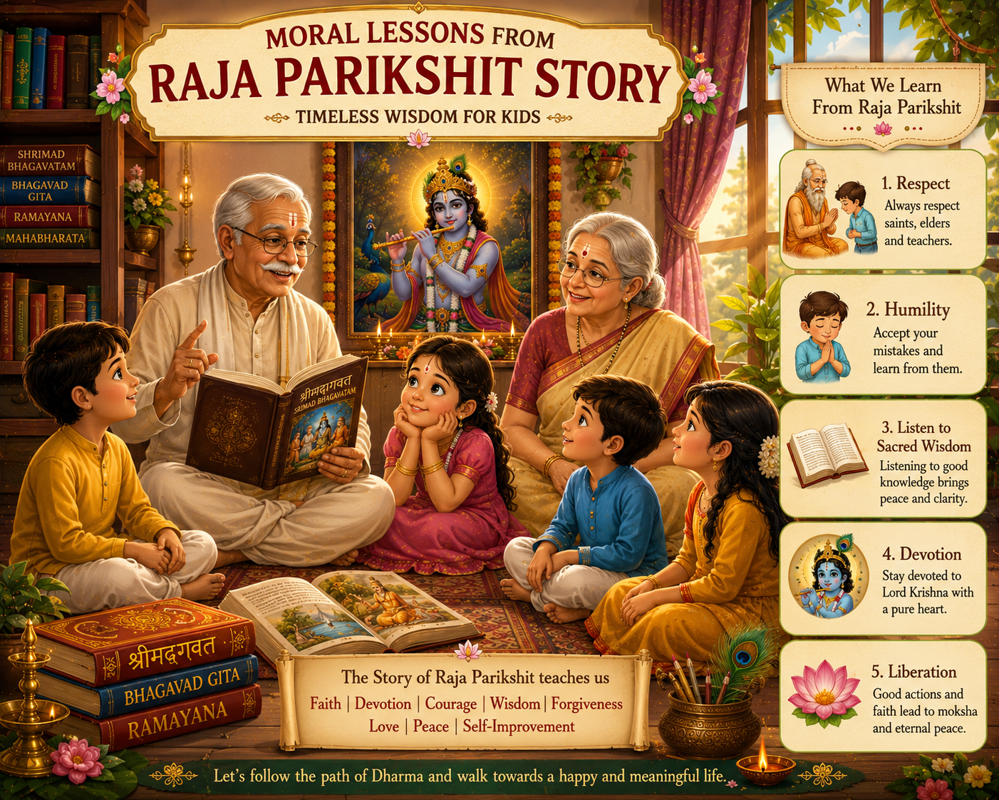 Children learning moral lessons from Raja Parikshit and Shri Shukadeva story