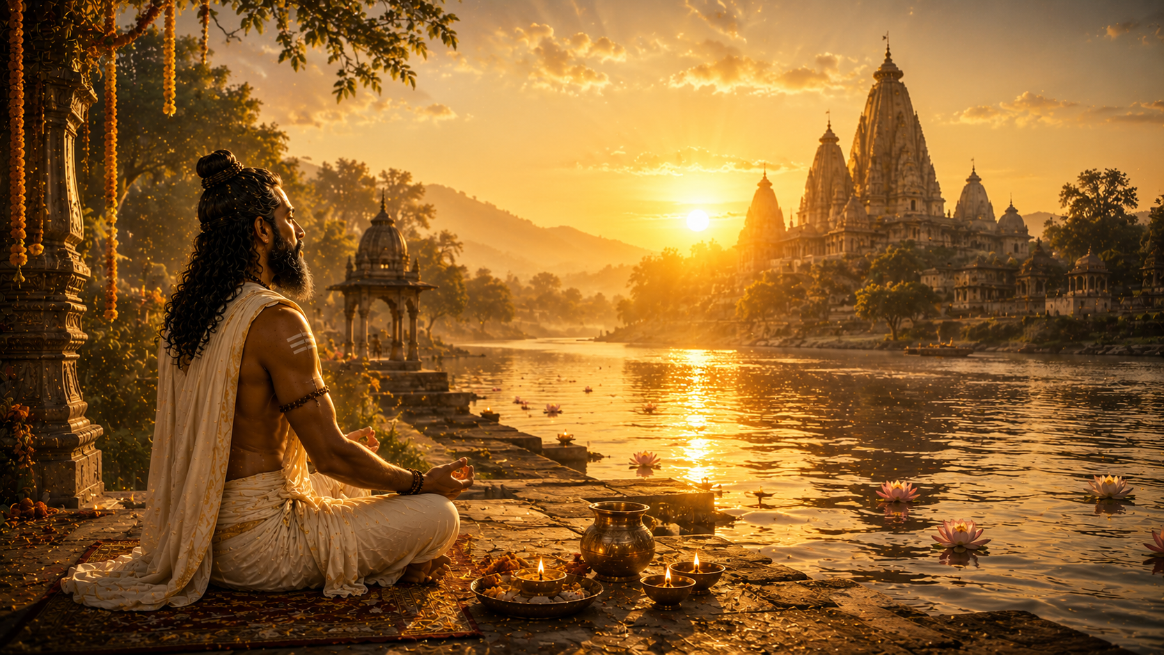 Sage Gokarna peacefully teaching the wisdom of devotion as a glowing sunrise symbolizes hope, liberation, and spiritual awakening.