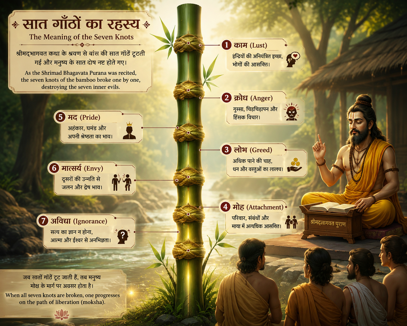 Infographic showing the seven knots of a sacred bamboo representing lust, anger, greed, attachment, pride, envy, and ignorance in the Gokarna and Dhundhakari Story.