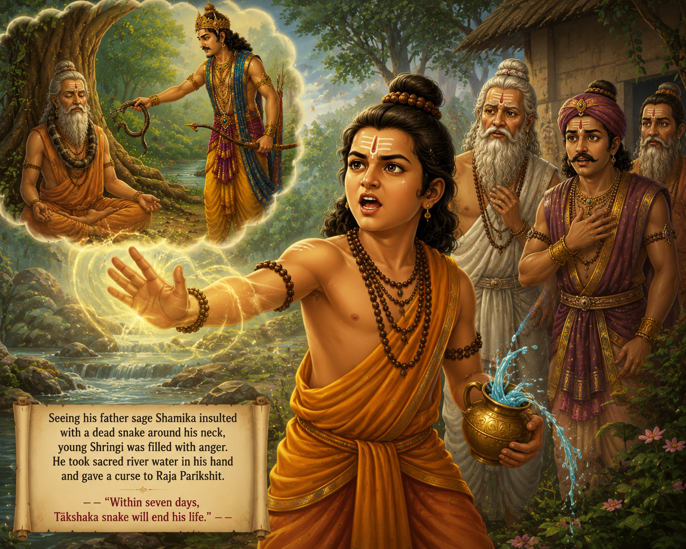 Young sage Shringi giving the curse to Raja Parikshit