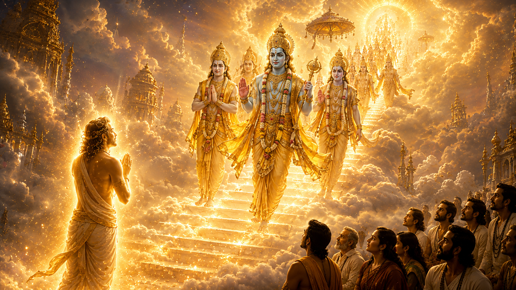 Radiant Vishnudutas descending from the heavens to escort the liberated Dhundhakari to the divine abode.