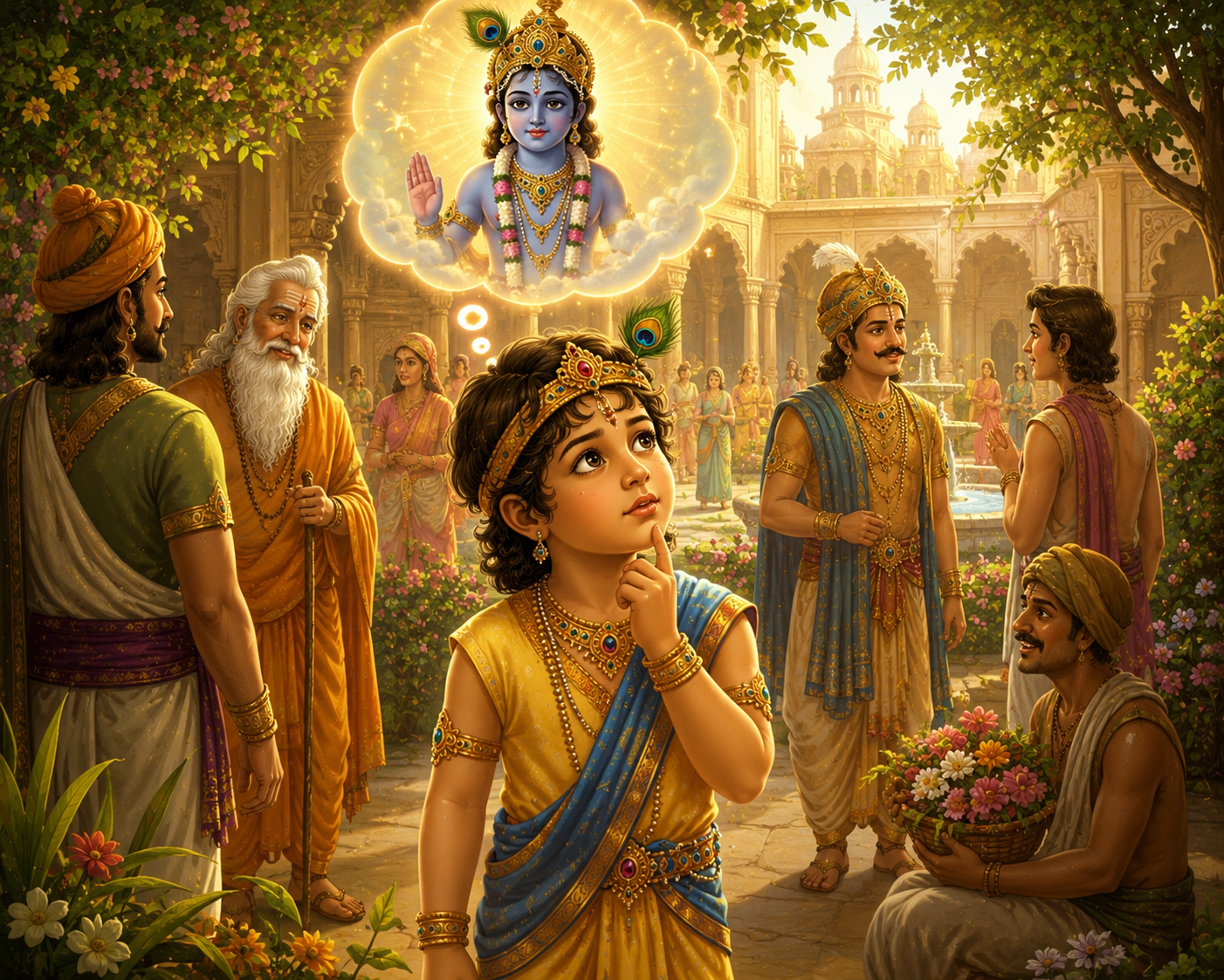 Young Prince Parikshit searching for Lord Krishna