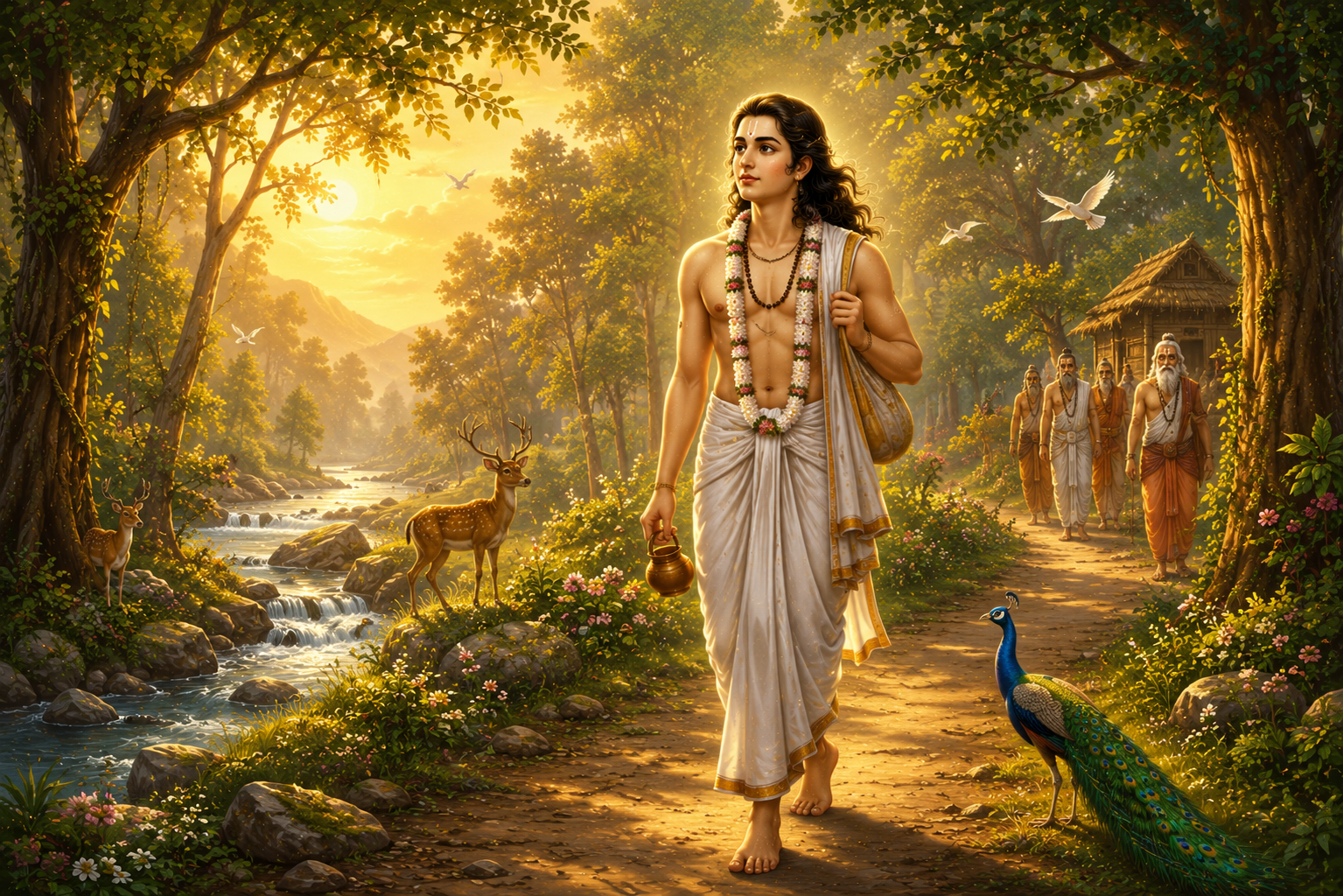 Young Shri Shukadeva walking through the forest with divine wisdom