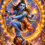 Lord Shiva as Nataraja performing the Cosmic Tandava while gently standing on Apasmara, symbolizing the victory of wisdom over ignorance in a child-friendly illustration.