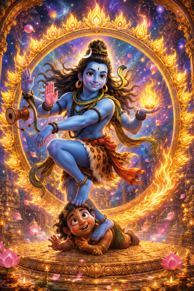 Lord Shiva as Nataraja performing the Cosmic Tandava while gently standing on Apasmara, symbolizing the victory of wisdom over ignorance in a child-friendly illustration.