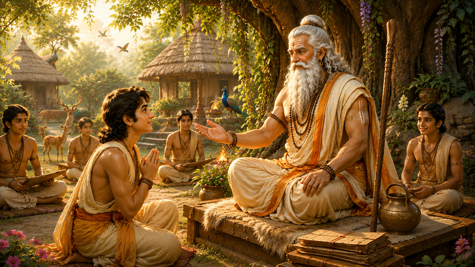 Kacha respectfully arriving at Shukracharya's ancient ashram