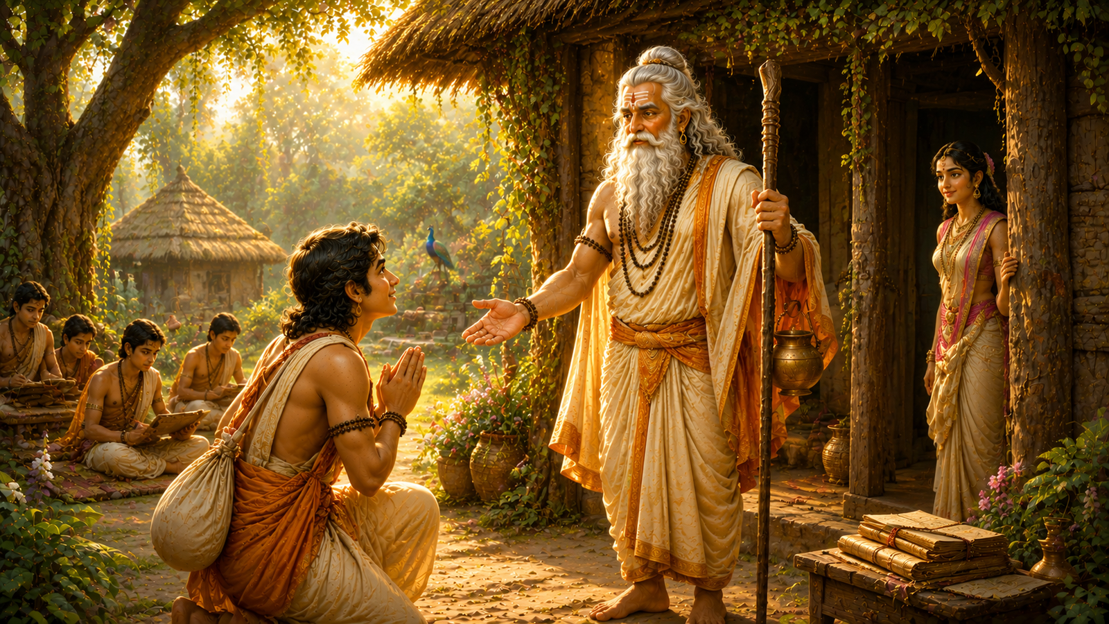 Kacha arriving at Shukracharya's ancient ashram to become his student