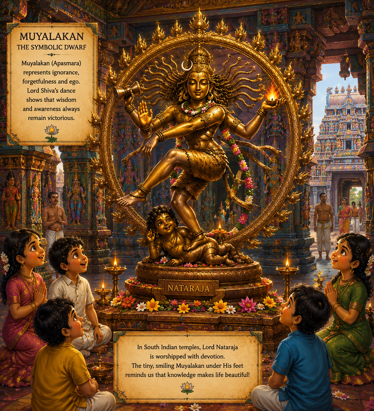 Muyalakan beneath Lord Nataraja in South Indian temple tradition