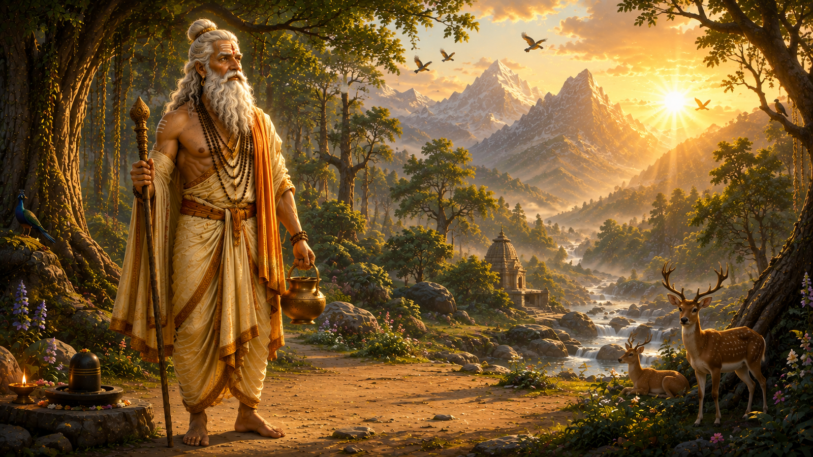 Shukracharya performing deep penance to Lord Shiva in an ancient forest