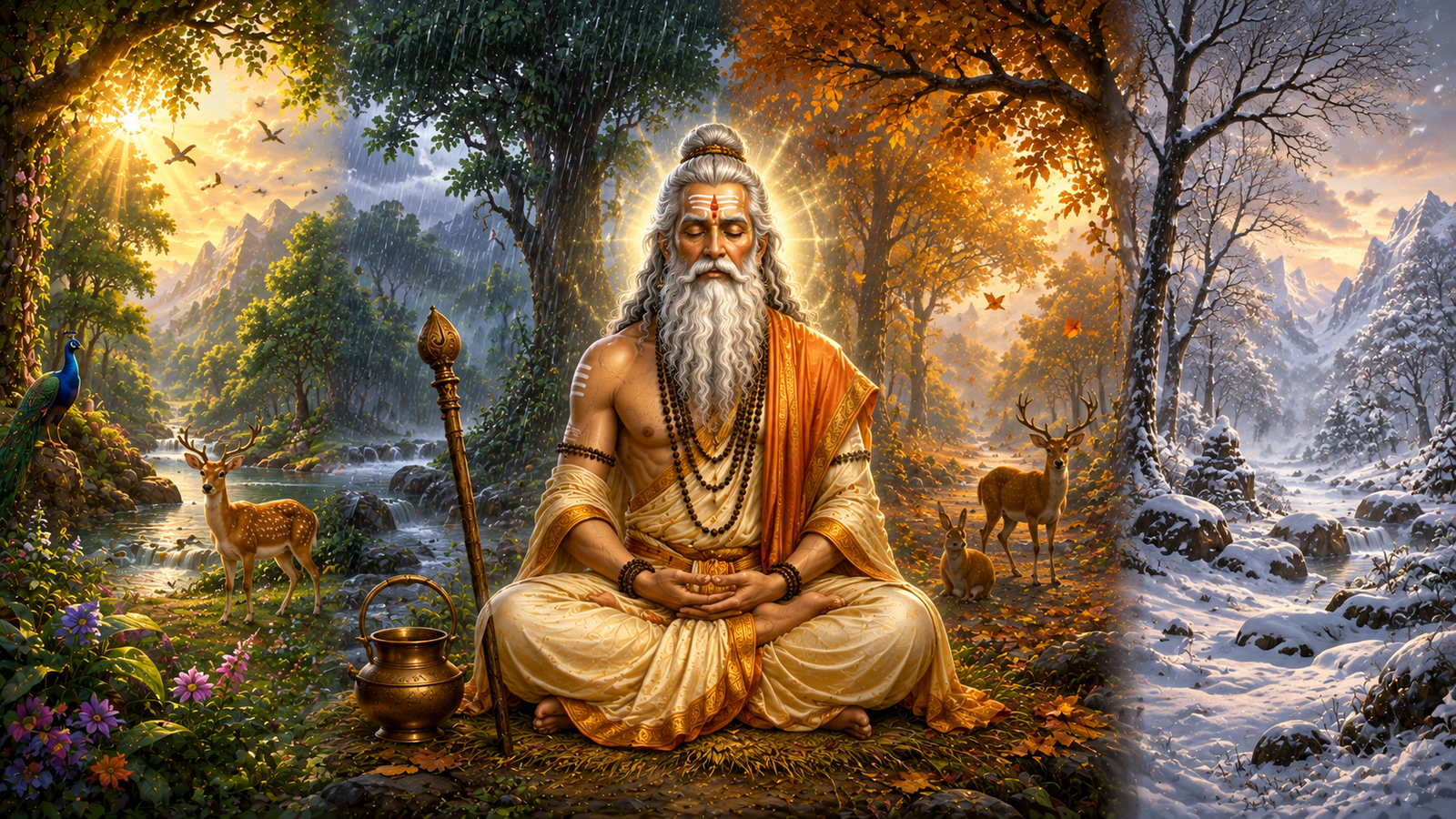 Shukracharya continuing his difficult meditation through changing seasons