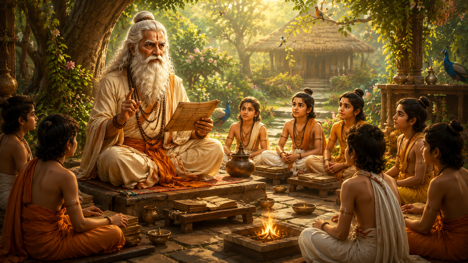 Shukracharya teaching his disciples in his ancient ashram