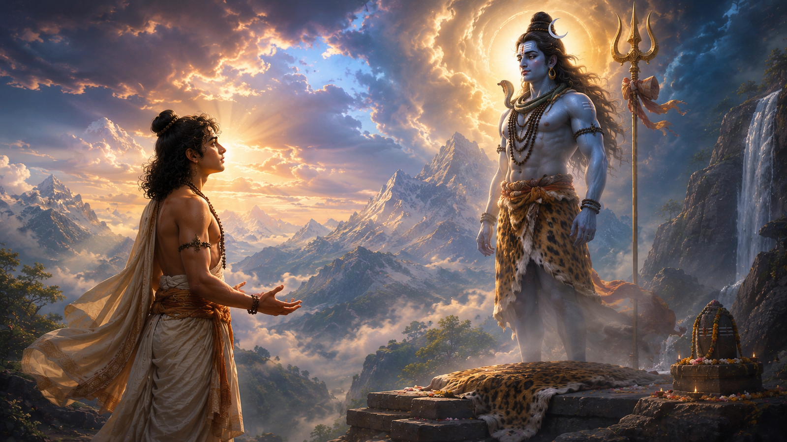 Ushanas facing Lord Shiva in an ancient mythological scene
